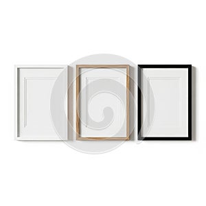 Three empty picture frames in different colors isolated on white background
