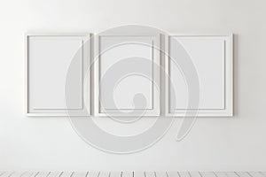 Three empty picture frames on the white wall. Triptych mockup
