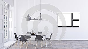 Three empty square black frames mock up design in a bright dining room with wooden oak floor 3d render.