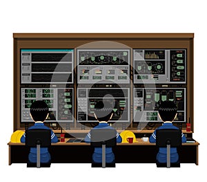 Three engineers are working at their workstation on white background