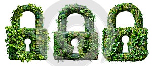 Three environmental security padlock icons, three green organic padlocks depicting a secure environment, isolated on a transparent