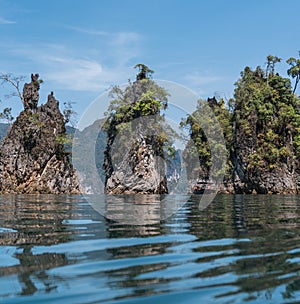 Three epic limestone cliffs at Cheow Lan lake ,Khao Sok National Park,Suratthani,Thailand.