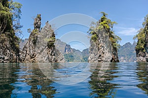 Three epic limestone cliffs at Cheow Lan lake ,Khao Sok National Park,Suratthani,Thailand.
