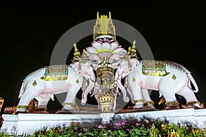 Three Erawan statues and symbols King, In front of Grand Palace, Emerald Buddha Temple, Wat Phra Kaew in Bangkok