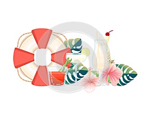 Three exotic cocktails in transparent glass with tropical flowers vector illustration on white background