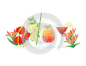 Three exotic cocktails in transparent glass with tropical flowers vector illustration on white background