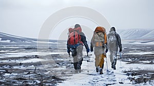 Three explorers trek through the frozen tundra backs turned towards the camera as they forge onward. They carry large
