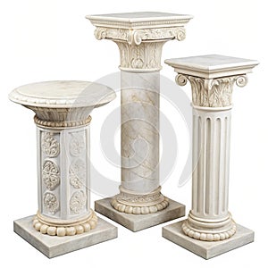 Three exquisite marble pedestals isolated on white