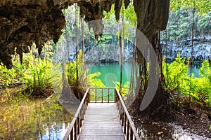 Three eyes cave in Santo Domingo, los Tres Ojos national park, Dominican Republic. Outdoor travel background