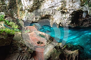 Three eyes cave in Santo Domingo, los Tres Ojos national park, Dominican Republic. Outdoor travel background