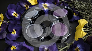 three eyeshades sitting on top of a table next to purple flowers and purple pansies on a black surface with yellow and purple