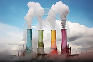 three factory chimneys releasing differently colored smoke