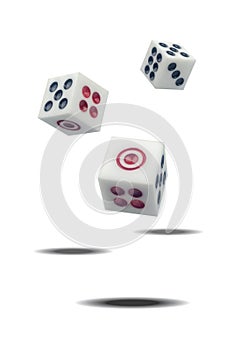 Three falling white casino dice on white background. Close up. Gambling concept.