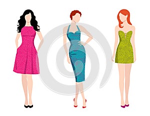 Three fashionable women wearing different elegant dresses with pattern