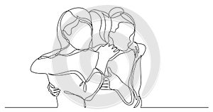 Three female friends greeting hugging each other - one line drawing