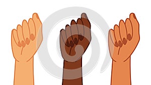 Three female hands are raised up. The concept of feminism, equality, freedom and women`s rights. Vector modern illustration on a