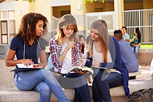 Three Female High School Students Working On Campus