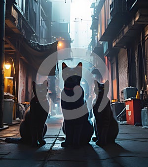 Three fierce cats as gang on the street, generative ai