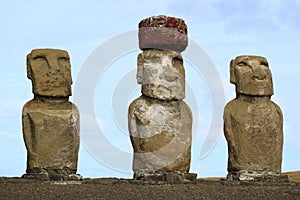 Three of fifteen huge Moai statues of Ahu Tongariki on Easter Island