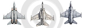 Mirage 2000 fighter jet isolated on transparent png background. Three fighter jets are shown in a row, with the middle photo