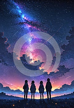 Three figures standing beneath a starry midnight sky