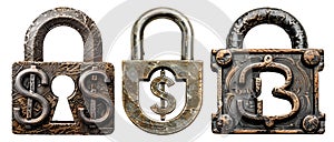 Three financial security padlocks, security icon to protect your money and finances, dollars, USD, Bitcoin