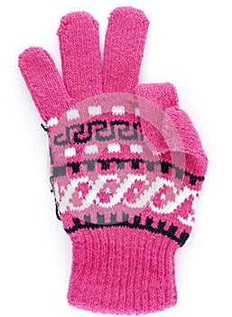 three finger of pink winter glove gesturing hand sign for ok symbol or counting number isolated on white background