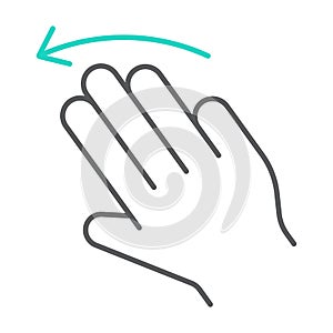 Three fingers flick left thin line icon, gesture and hand, click sign, vector graphics, a linear pattern on a white