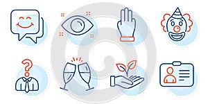 Three fingers, Health eye and Smile face icons set. Champagne glasses, Id card and Helping hand signs. Vector