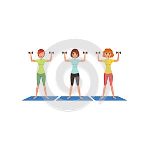 Three fitness women workout with dumbbells. Cute young girls in gym. Active lifestyle. Cartoon people in sportswear