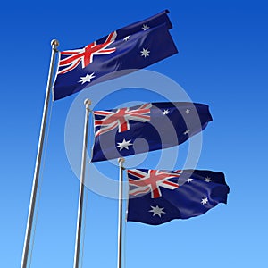 Three flags of Australia against blue sky. 3d illu