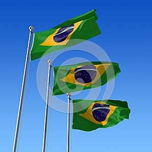 Three flags of Brazil against blue sky. 3d illustr