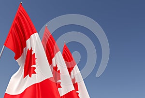 Three flags of Canada on flagpole on blue background. Place for text. The flag is unfurling in wind. Canadian. America, Ottawa. 3D