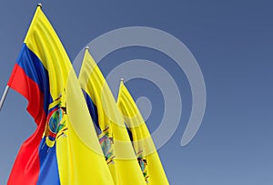 Three flags of Ecuador on a flagpole on a blue background. Place for text. The flag is unfurling in wind. Quito. South America. 3D