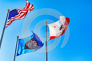 Three flags in front of Beverly Hills City Hall. Los Angelos, California