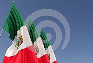 Three flags of Mexico on flagpole on blue background. Place for text. The flag is unfurling in wind. Mexican. America. 3D