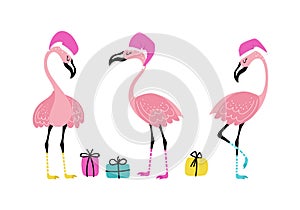 Three flamingos with Santa hats