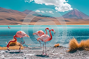 Three flamingos standing on the shore of a lake, showcasing their graceful and vibrant plumage, A group of flamingos by a crystal
