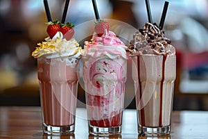 Three flavored milkshakes garnished with berries and chocolate, delicious