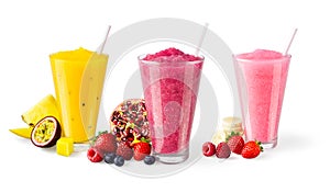 Three Flavors of Blended Fruit Smoothies on White Background