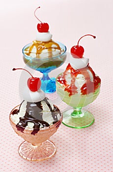 Three Flavors of Ice Cream Sundaes in Vintage Glass Dishes