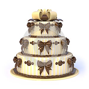 Three floors yellow cake with ribbon bows. 3D