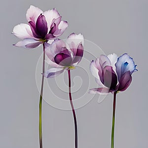 Three flower corollas, of a watercolor transparent variegated plum color on a light gray gradient background