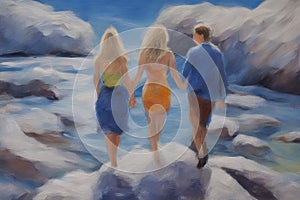 three fluid people walk by hand ,the beach, romantic, open mixed race gender love relationship paint