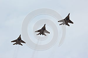 Three flying russian jet fighter MIG-29