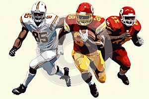 Three football players in action, running together with the ball during a competitive game, NFL player running for a touchdown