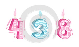 Three, four, eight birthday candles set. Anniversary party candle cartoon vector illustration