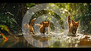Three foxes running through a stream of water in the forest, AI