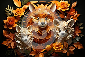 three foxes surrounded by flowers on a black background