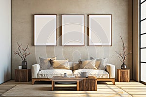 three frame art mockup living room brick wall art display